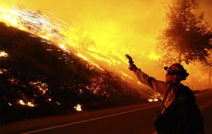 A firefighter uses a flare gun to set a backfire in the rugged area of Little Tujunga Canyon, 20 miles (32 km) north of downtown Los Angeles in the early hours of October 12, 2008. Fifty miles per hour gusty winds spread the fire towards ranches and houses in the heavily-forested canyon. (REUTERS/Gene Blevins)